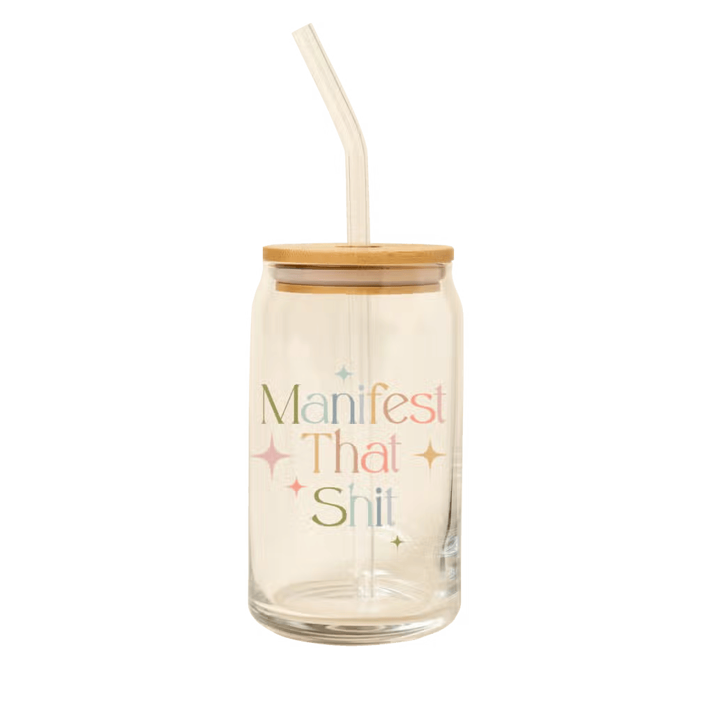 Glass Can with Lid + Straw - Manifest That Sh*t – She She Boutique